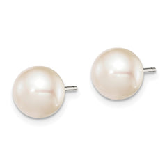 QE7646 Sterling Silver Rhodium-plated 8-9mm White Button Freshwater Cultured Pearl Post Earrings