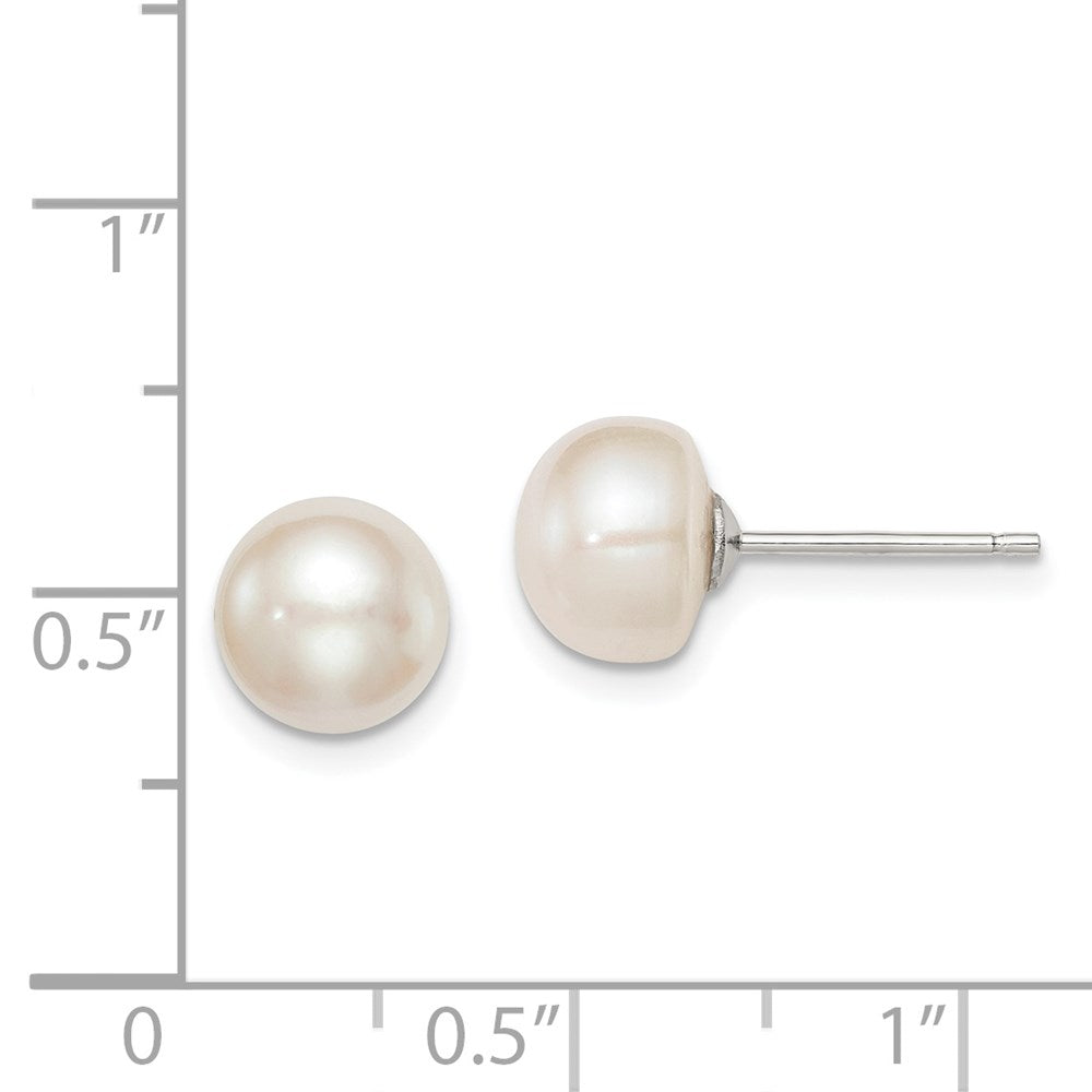 QE7646 Sterling Silver Rhodium-plated 8-9mm White Button Freshwater Cultured Pearl Post Earrings