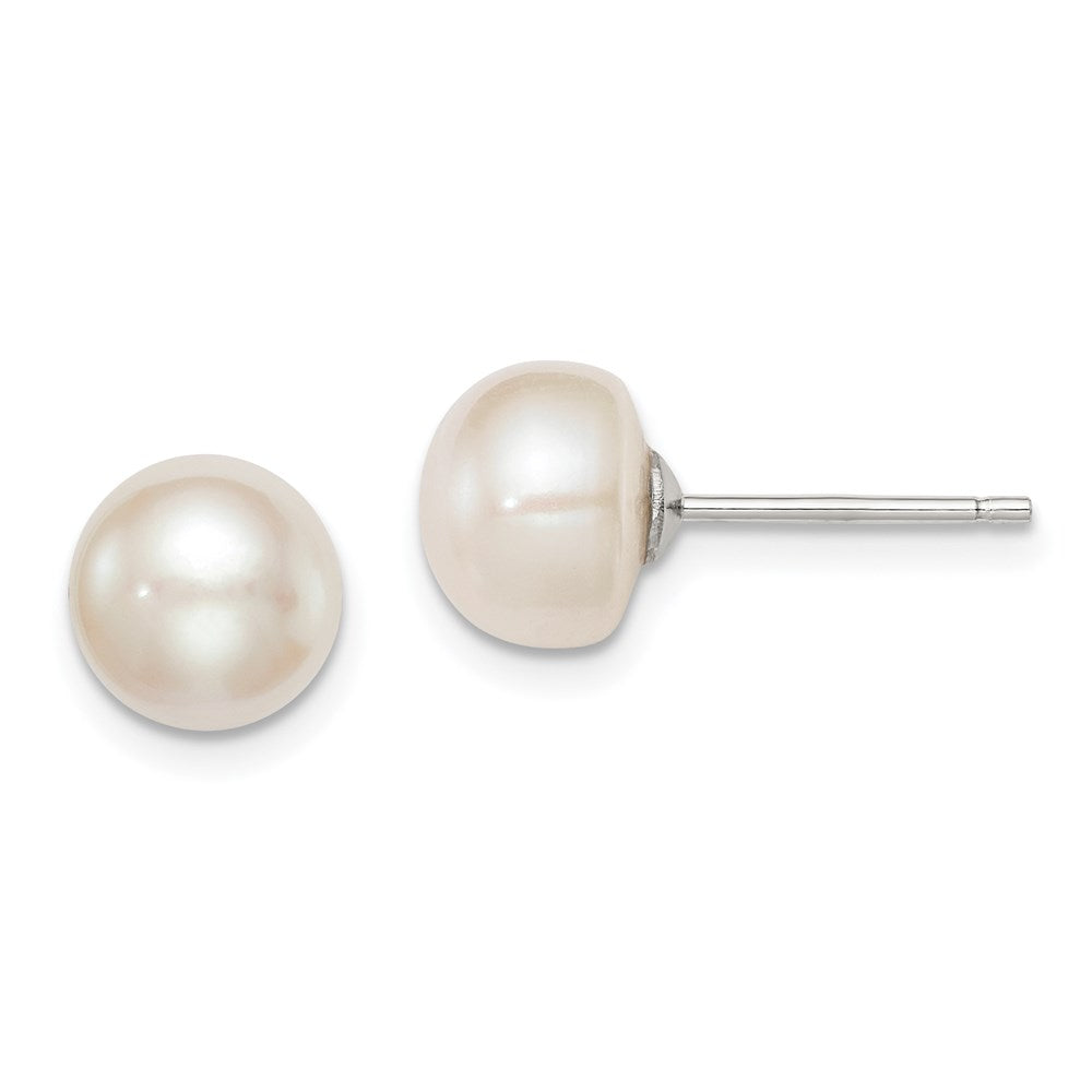 QE7646 Sterling Silver Rhodium-plated 8-9mm White Button Freshwater Cultured Pearl Post Earrings