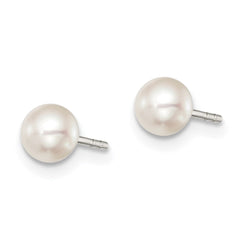 QE7647 Sterling Silver Rhodium-plated 4-5mm White Button Freshwater Cultured Pearl Post Earrings