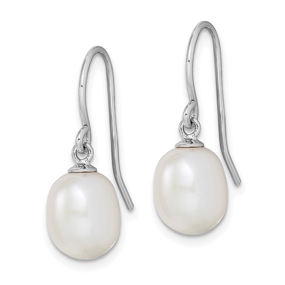 QE7648 Sterling Silver Rhodium-plated 8-9mm White Teardrop Freshwater Cultured Pearl Dangle Earrings