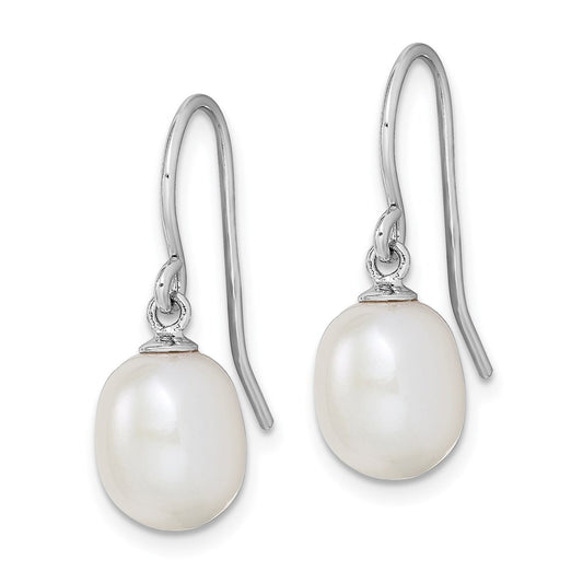 QE7648 Sterling Silver Rhodium-plated 8-9mm White Teardrop Freshwater Cultured Pearl Dangle Earrings