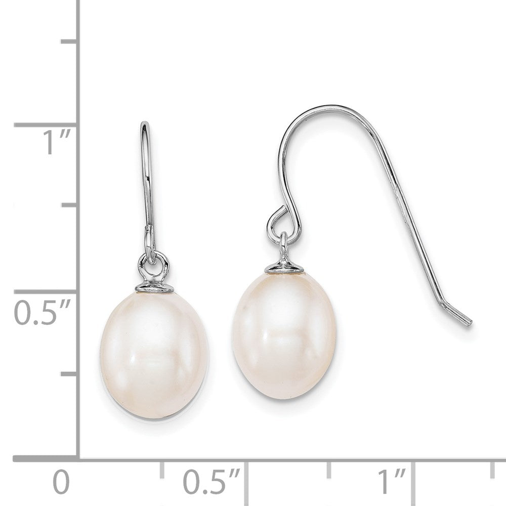 QE7648 Sterling Silver Rhodium-plated 8-9mm White Teardrop Freshwater Cultured Pearl Dangle Earrings
