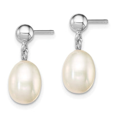 QE7652 Sterling Silver Rhodium-plated 7-8mm White Rice Freshwater Cultured Pearl Post Dangle Earrings