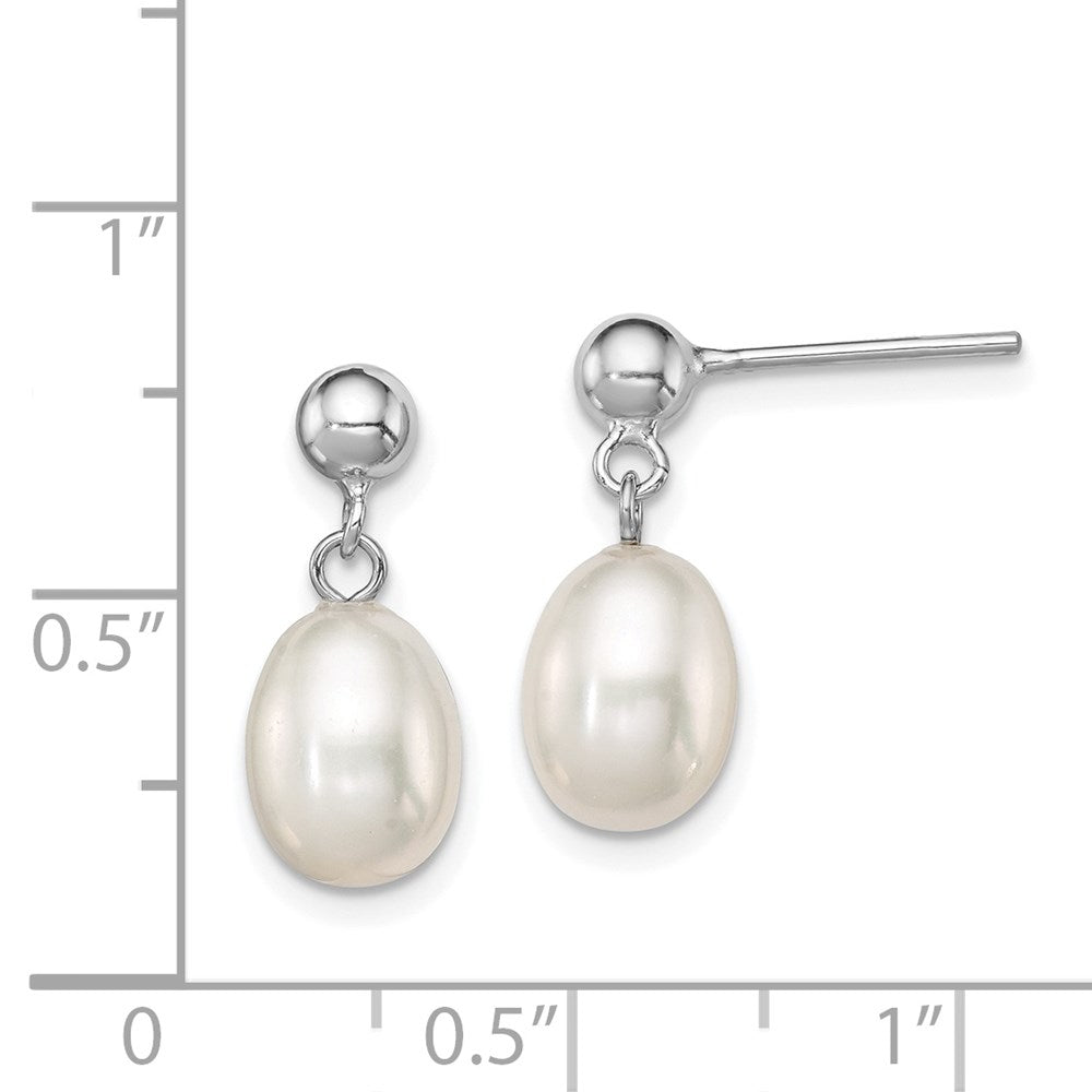 QE7652 Sterling Silver Rhodium-plated 7-8mm White Rice Freshwater Cultured Pearl Post Dangle Earrings