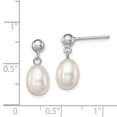 QE7652 Sterling Silver Rhodium-plated 7-8mm White Rice Freshwater Cultured Pearl Post Dangle Earrings