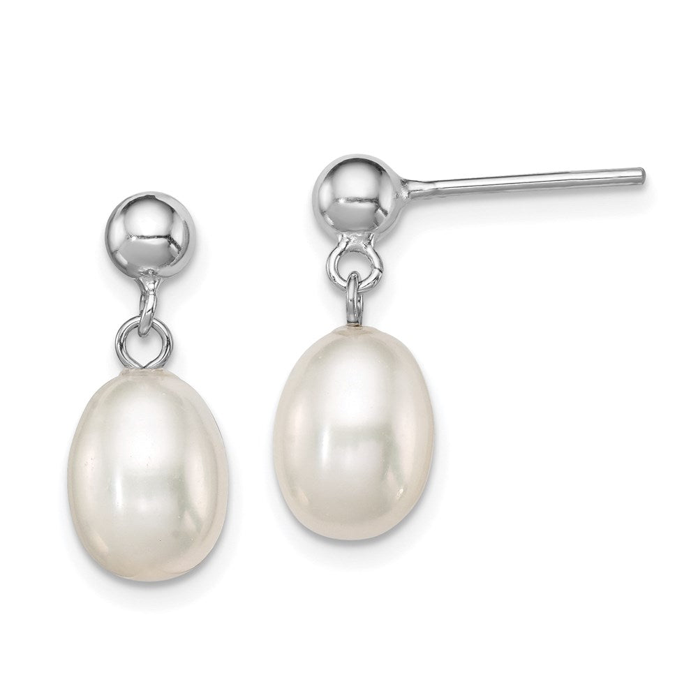 QE7652 Sterling Silver Rhodium-plated 7-8mm White Rice Freshwater Cultured Pearl Post Dangle Earrings