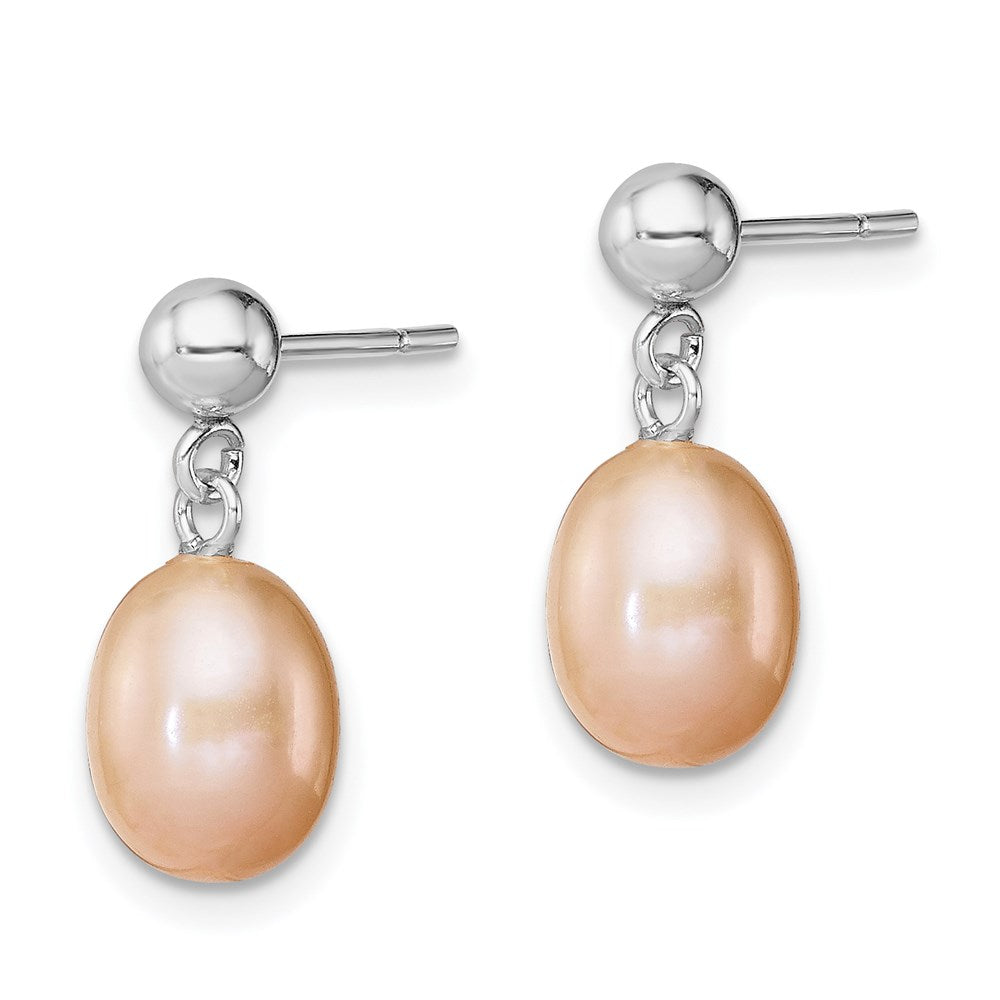 QE7653 Sterling Silver Rhodium-plated 7-8mm Pink Teardrop Freshwater Cultured Pearl Post Dangle Earrings