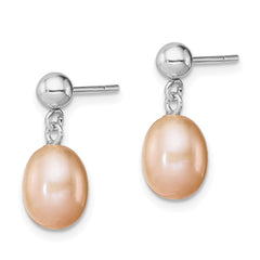 QE7653 Sterling Silver Rhodium-plated 7-8mm Pink Teardrop Freshwater Cultured Pearl Post Dangle Earrings