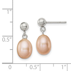QE7653 Sterling Silver Rhodium-plated 7-8mm Pink Teardrop Freshwater Cultured Pearl Post Dangle Earrings