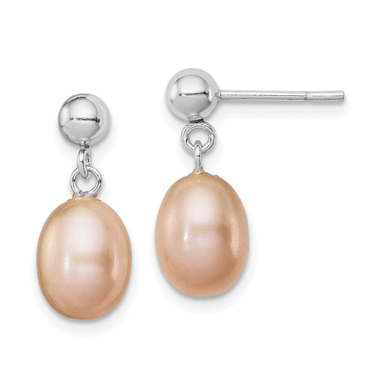 QE7653 Sterling Silver Rhodium-plated 7-8mm Pink Teardrop Freshwater Cultured Pearl Post Dangle Earrings