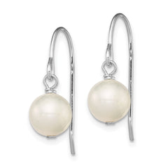 QE7655 Sterling Silver Rhodium-plated 7-8mm White Semi-Round Freshwater Cultured Pearl Dangle Earrings