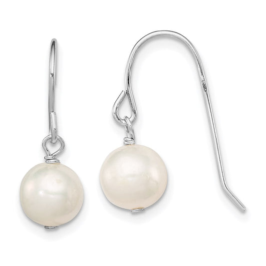 QE7655 Sterling Silver Rhodium-plated 7-8mm White Semi-Round Freshwater Cultured Pearl Dangle Earrings