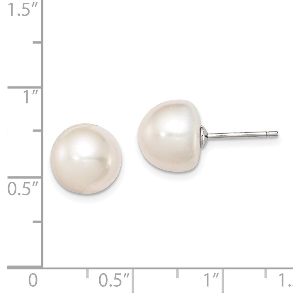 QE7665 Sterling Silver Rhodium-plated 10-11mm White Button Freshwater Cultured Pearl Post Earrings