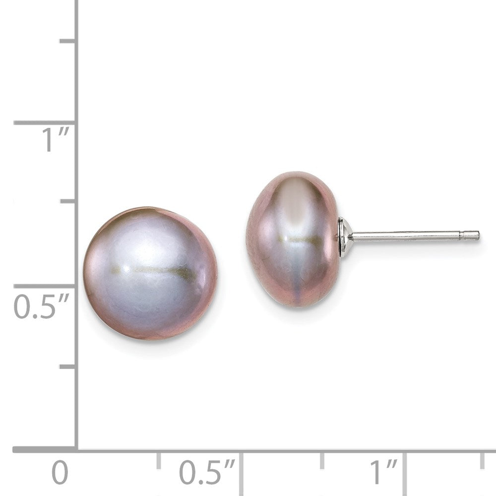 QE7669 Sterling Silver Rhodium-plated 10-11mm Grey Button Freshwater Cultured Pearl Post Earrings