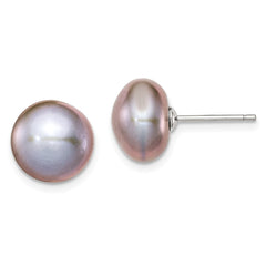 QE7669 Sterling Silver Rhodium-plated 10-11mm Grey Button Freshwater Cultured Pearl Post Earrings