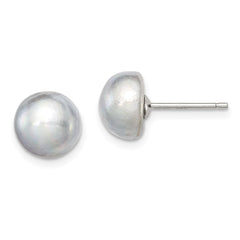 QE7670 Sterling Silver Rhodium-plated 8-9mm Grey Button Freshwater Cultured Pearl Post Earrings