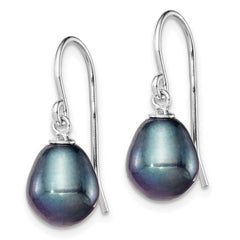QE7672 Sterling Silver Rhodium-plated 8-9mm Black Rice Freshwater Cultured Pearl Dangle Earrings