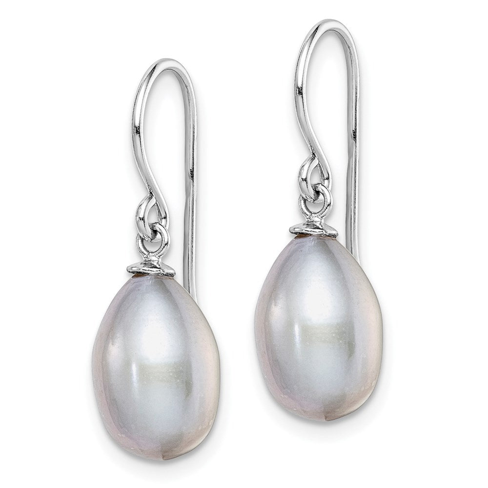 QE7674 Sterling Silver Rhodium-plated Grey 8-9mm Rice Freshwater Cultured Pearl Dangle Earrings