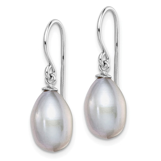 QE7674 Sterling Silver Rhodium-plated Grey 8-9mm Rice Freshwater Cultured Pearl Dangle Earrings