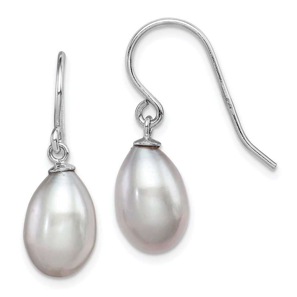 QE7674 Sterling Silver Rhodium-plated Grey 8-9mm Rice Freshwater Cultured Pearl Dangle Earrings