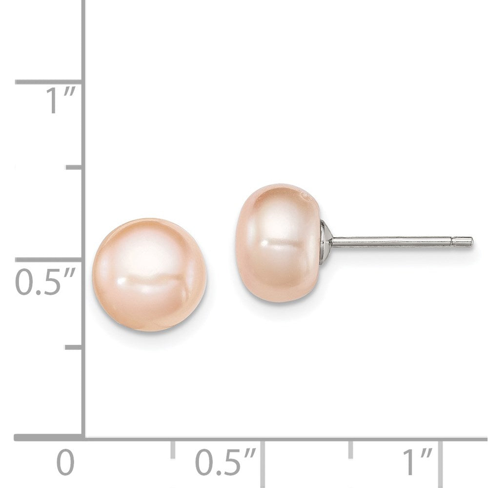 QE7676 Sterling Silver Rhodium-plated 8-9mm Pink Button Freshwater Cultured Pearl Post Earrings