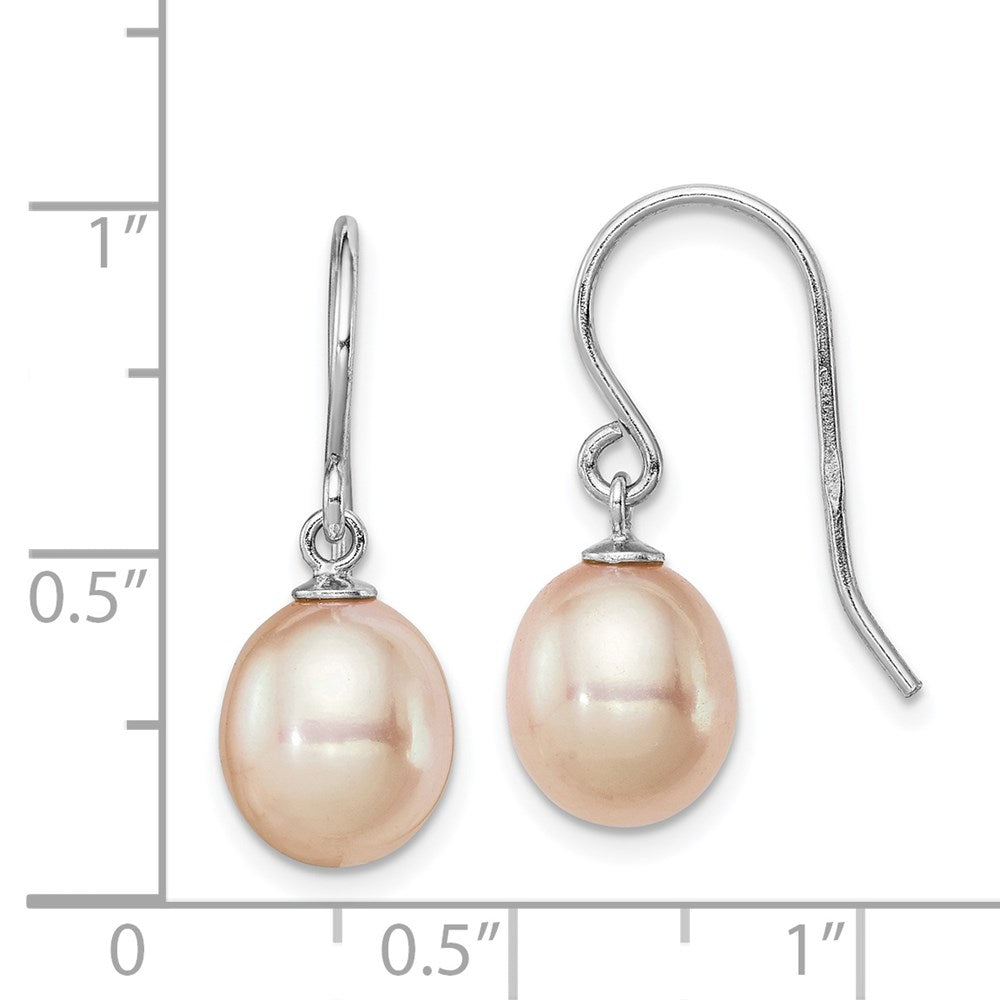 QE7678 Sterling Silver Rhodium-plated 8-9mm Pink Teardrop Freshwater Cultured Pearl Dangle Earrings