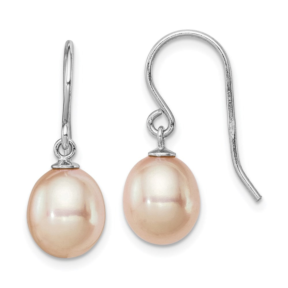 QE7678 Sterling Silver Rhodium-plated 8-9mm Pink Teardrop Freshwater Cultured Pearl Dangle Earrings