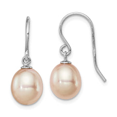 QE7678 Sterling Silver Rhodium-plated 8-9mm Pink Teardrop Freshwater Cultured Pearl Dangle Earrings