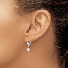 QE7679 Sterling Silver Rhodium-plated 6-7mm Pink Round Freshwater Cultured Pearl Leverback Dangle Earrings