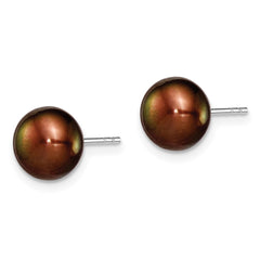 QE7683 Sterling Silver Rhodium-plated 8-9mm Brown Button Freshwater Cultured Pearl Post Earring