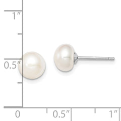 QE7685 Sterling Silver Rhodium-plated 7-8mm White Button Freshwater Cultured Pearl Post Earrings