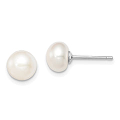 QE7685 Sterling Silver Rhodium-plated 7-8mm White Button Freshwater Cultured Pearl Post Earrings