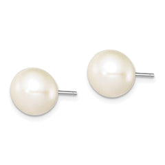 QE7689 Sterling Silver Rhodium-plated 9-10mm White Button Freshwater Cultured Pearl Post Earrings