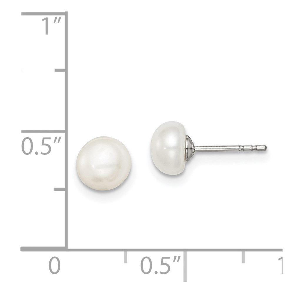 QE7691 Sterling Silver Rhodium-plated 6-7mm White Button Freshwater Cultured Pearl Post Earrings