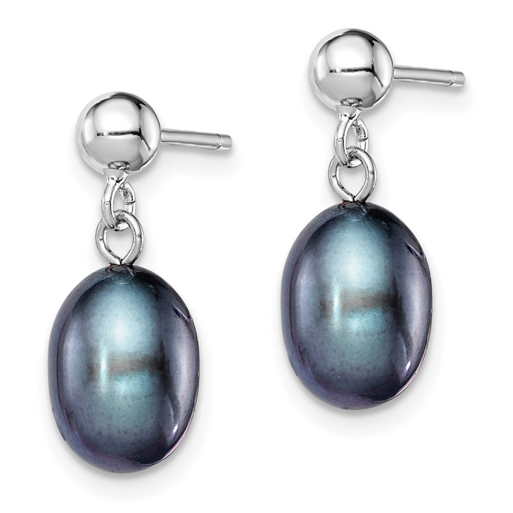 QE7698 Sterling Silver Rhodium-plated 7-8mm Black Rice Freshwater Cultured Pearl Post Dangle Earrings