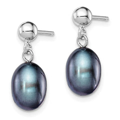QE7698 Sterling Silver Rhodium-plated 7-8mm Black Rice Freshwater Cultured Pearl Post Dangle Earrings