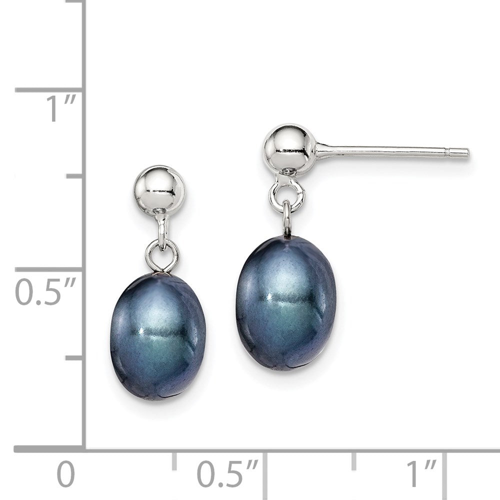 QE7698 Sterling Silver Rhodium-plated 7-8mm Black Rice Freshwater Cultured Pearl Post Dangle Earrings