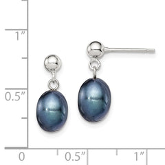 QE7698 Sterling Silver Rhodium-plated 7-8mm Black Rice Freshwater Cultured Pearl Post Dangle Earrings