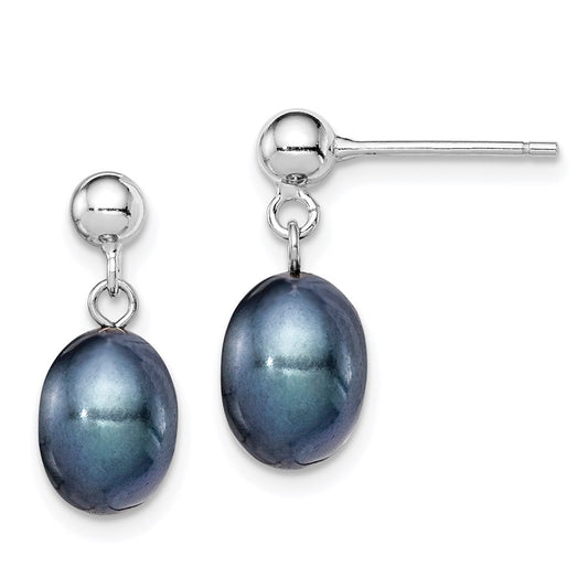 QE7698 Sterling Silver Rhodium-plated 7-8mm Black Rice Freshwater Cultured Pearl Post Dangle Earrings