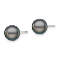 QE7699 Sterling Silver Rhodium-plated 8-9mm Black Button Freshwater Cultured Pearl Post Earrings