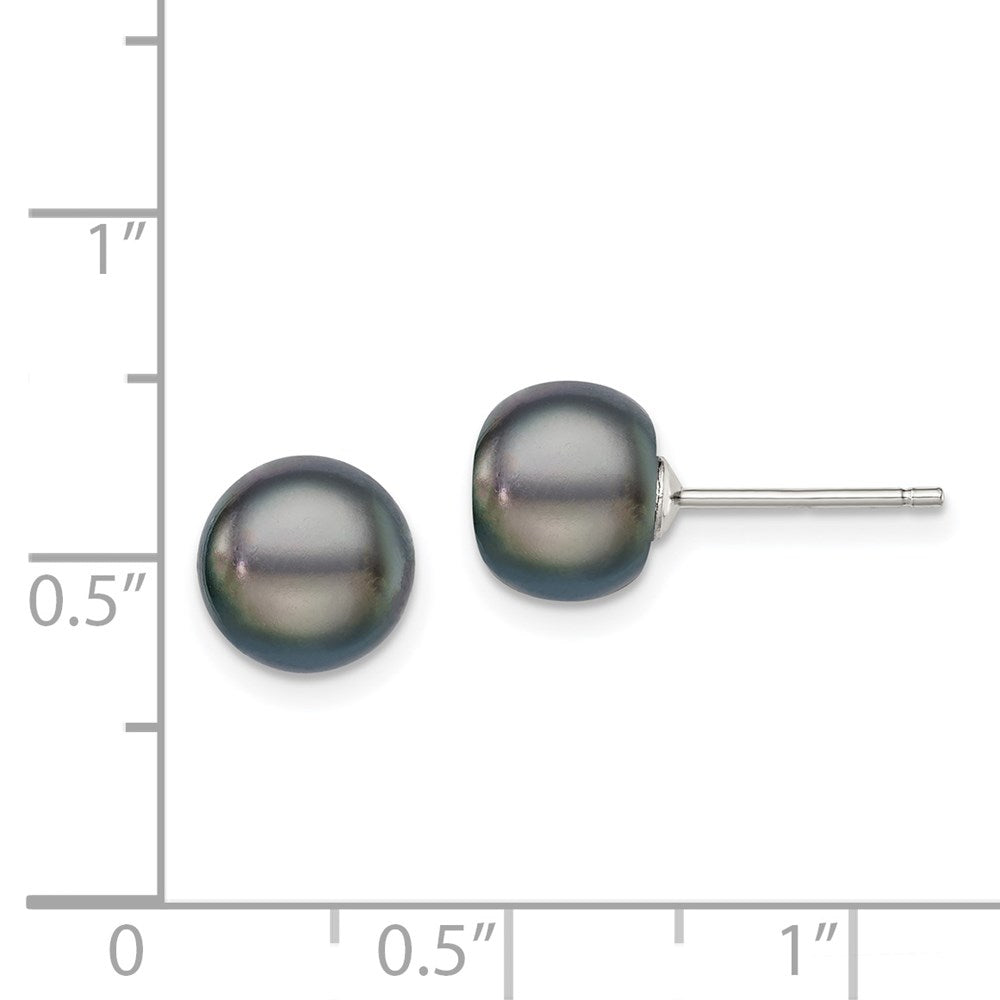 QE7699 Sterling Silver Rhodium-plated 8-9mm Black Button Freshwater Cultured Pearl Post Earrings
