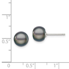 QE7699 Sterling Silver Rhodium-plated 8-9mm Black Button Freshwater Cultured Pearl Post Earrings