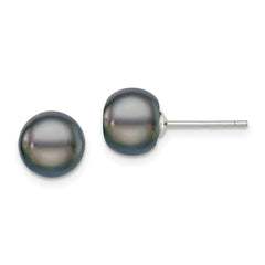 QE7699 Sterling Silver Rhodium-plated 8-9mm Black Button Freshwater Cultured Pearl Post Earrings