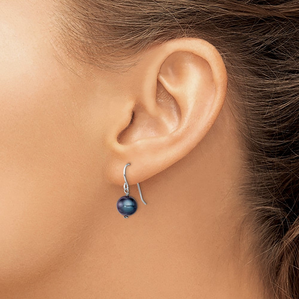 QE7700 Sterling Silver Rhodium-plated Black 7.5-8.5mm Black Semi-Round Freshwater Cultured Pearl Dangle Earrings