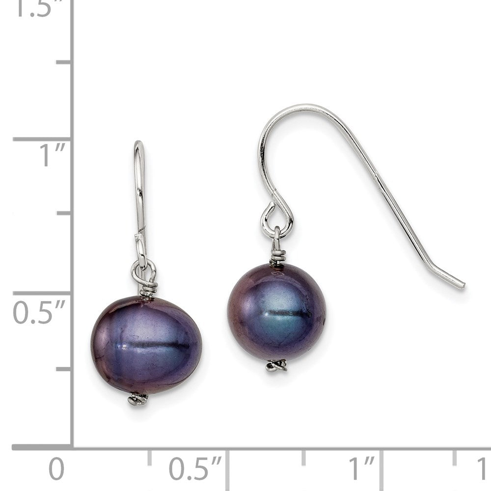 QE7700 Sterling Silver Rhodium-plated Black 7.5-8.5mm Black Semi-Round Freshwater Cultured Pearl Dangle Earrings