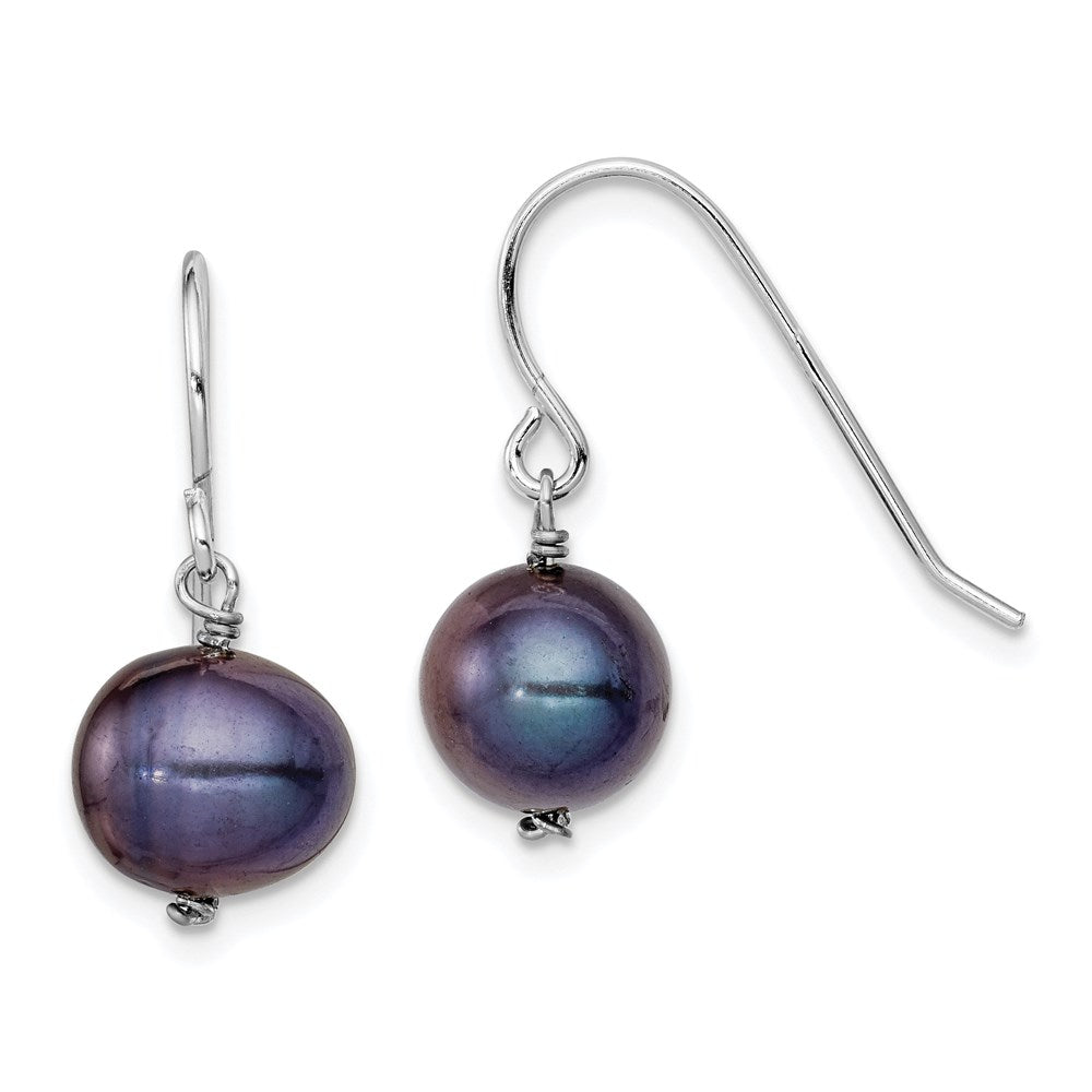 QE7700 Sterling Silver Rhodium-plated Black 7.5-8.5mm Black Semi-Round Freshwater Cultured Pearl Dangle Earrings