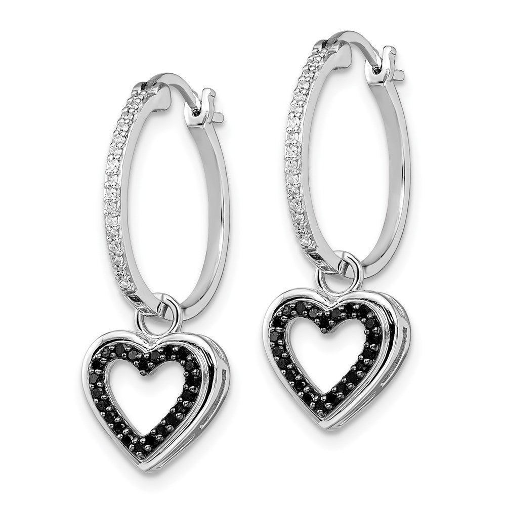 QE7727 White Night Sterling Silver Rhodium-plated Black and White Diamond with Dangle Heart Hoop Earring