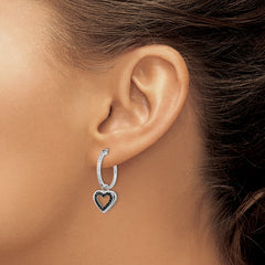 QE7727 White Night Sterling Silver Rhodium-plated Black and White Diamond with Dangle Heart Hoop Earring