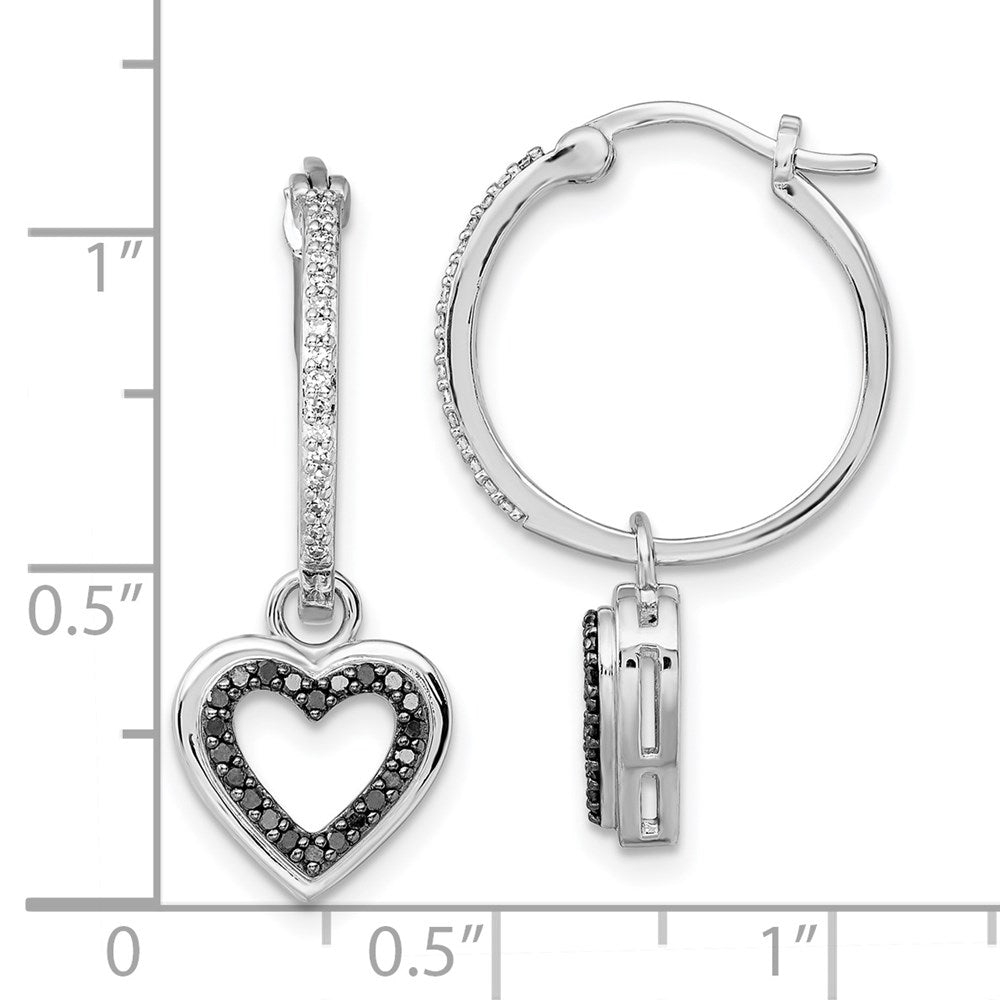 QE7727 White Night Sterling Silver Rhodium-plated Black and White Diamond with Dangle Heart Hoop Earring